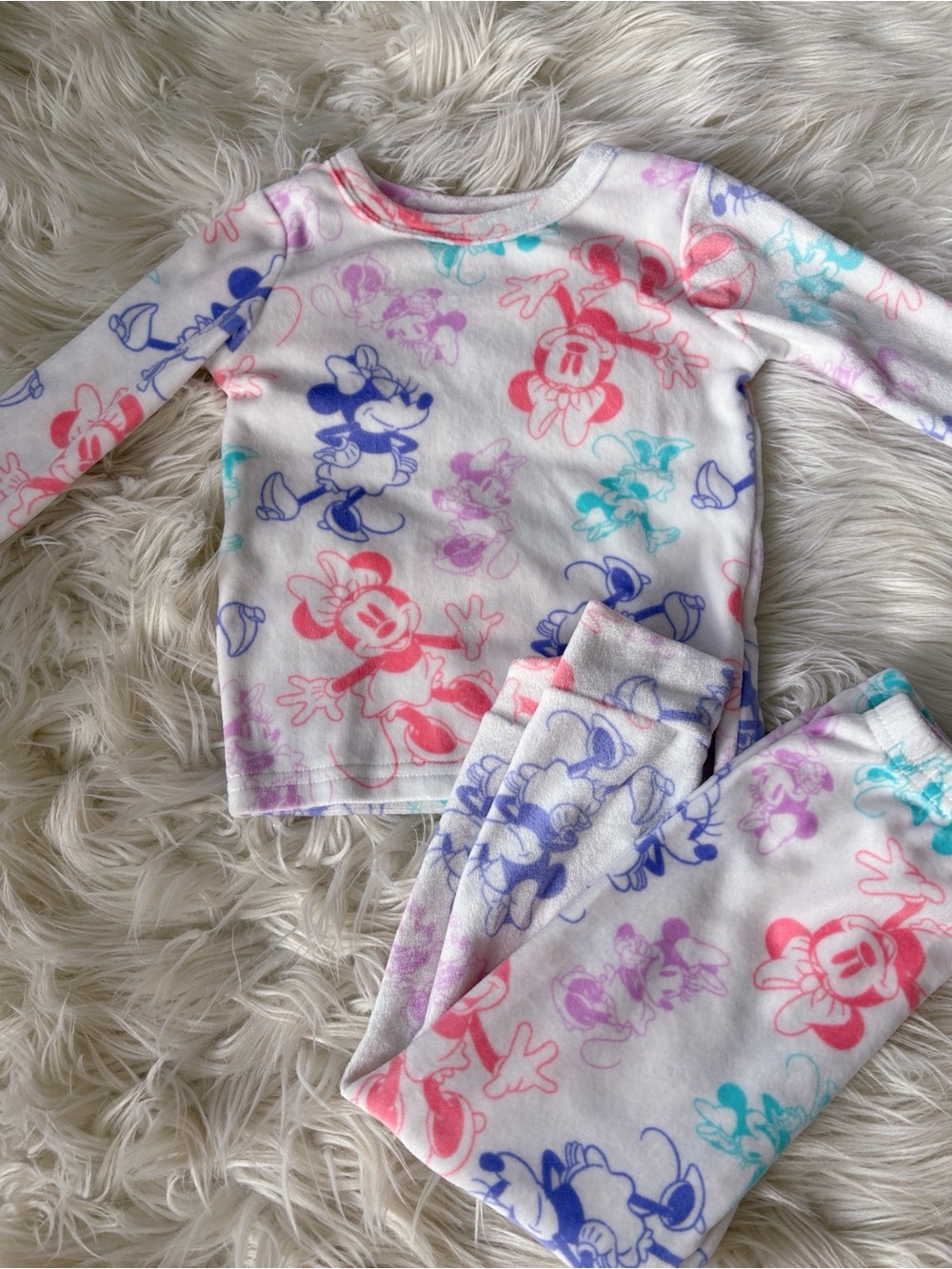 Disney Minnie Mouse Pajama Set - White with Pink, Purple & Teal Prints